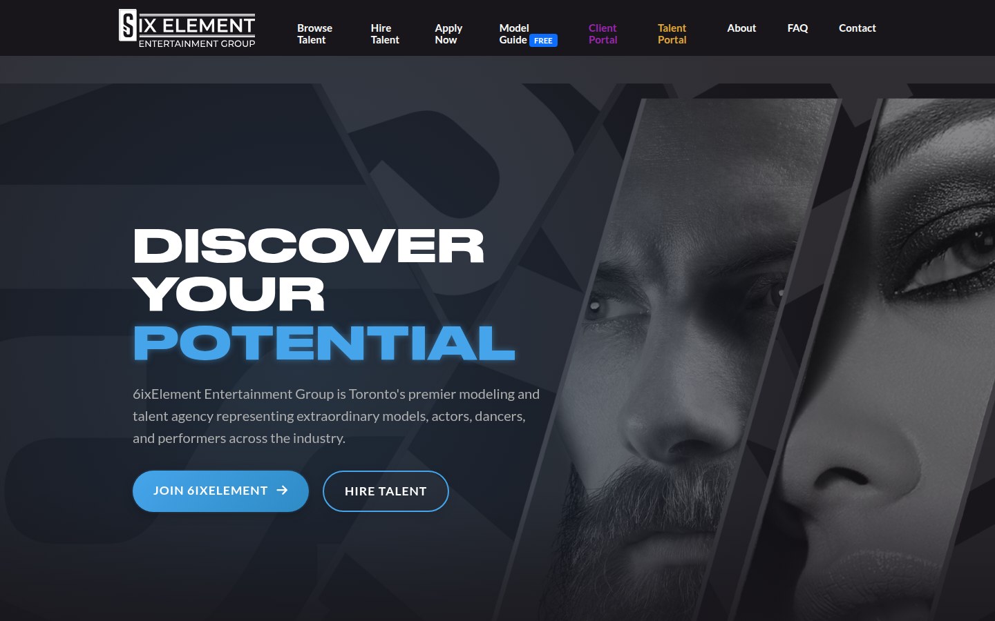 6ixElement landing page: Discover Your Potential, Toronto's premier modeling and talent agency