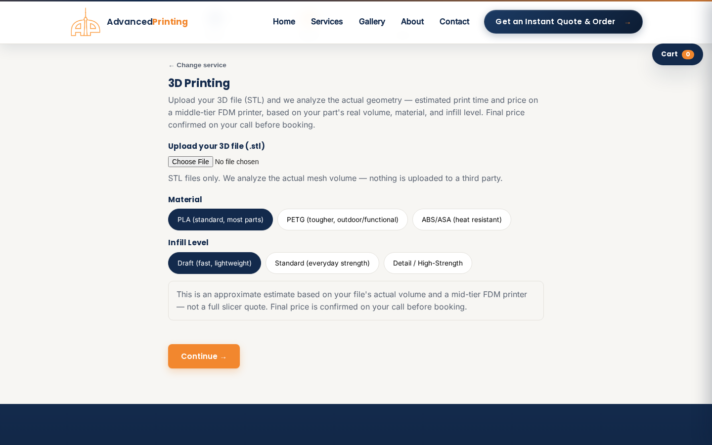 3D printing quote priced from real STL geometry