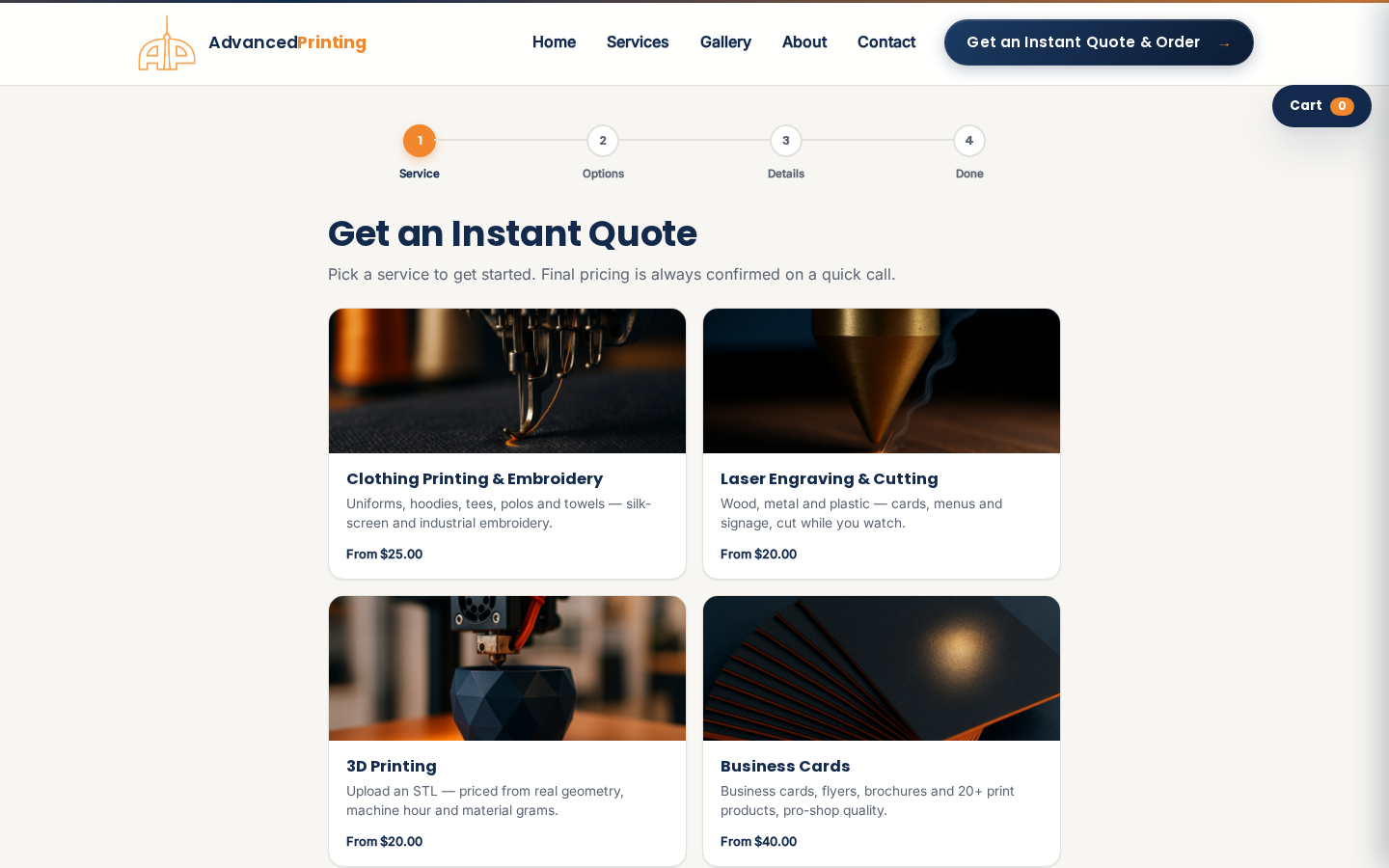 Advanced Printing instant-quote wizard, step 1: four services with live starting prices