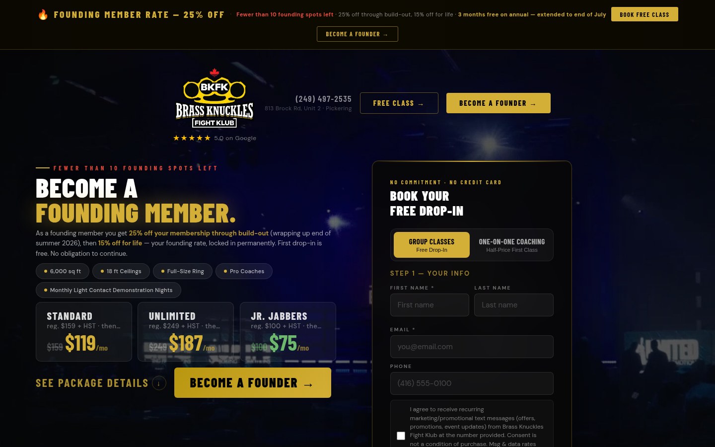 Brass Knuckles Fight Klub landing page: founding-member offer, membership pricing, free drop-in booking form