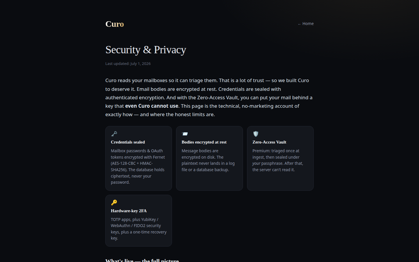 CuroMail security and privacy page: sealed credentials, encrypted bodies, Zero-Access Vault, hardware-key 2FA