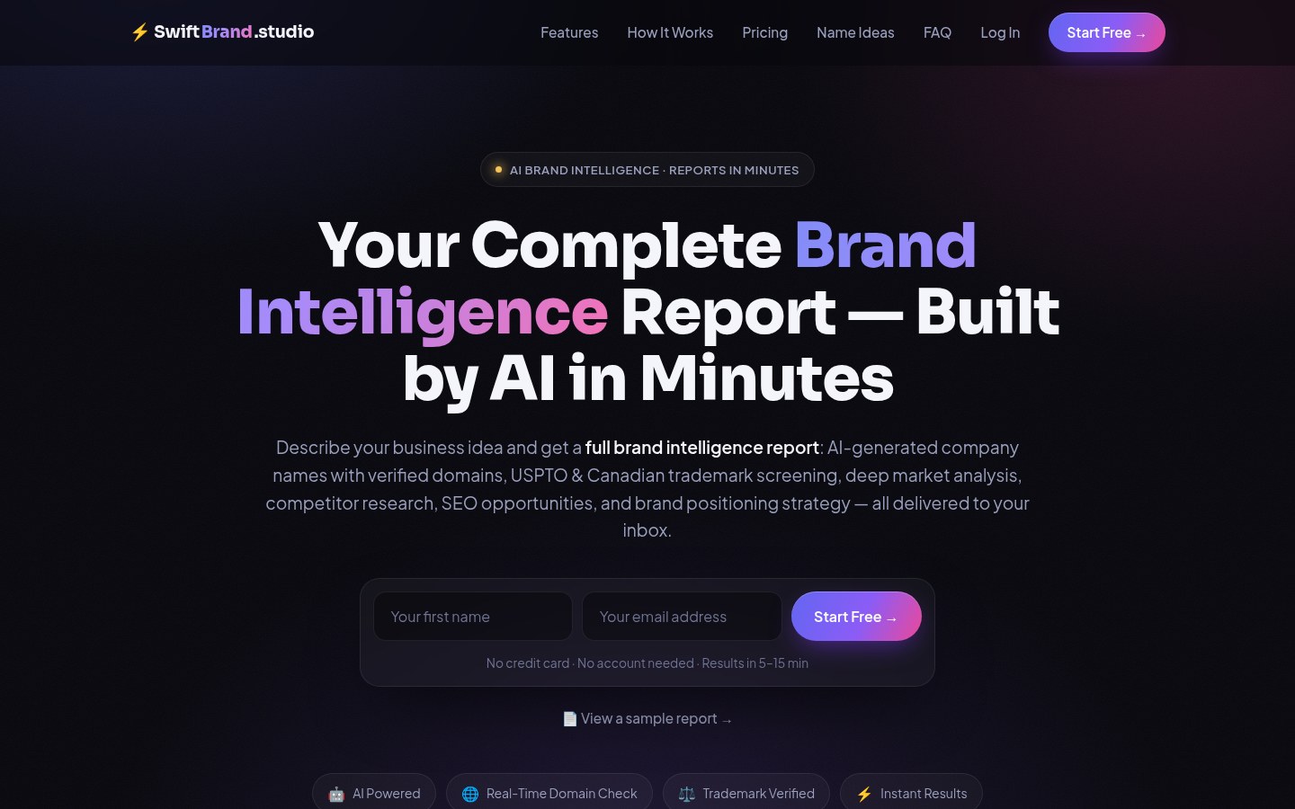 SwiftBrand landing page: your complete brand intelligence report, built by AI in minutes