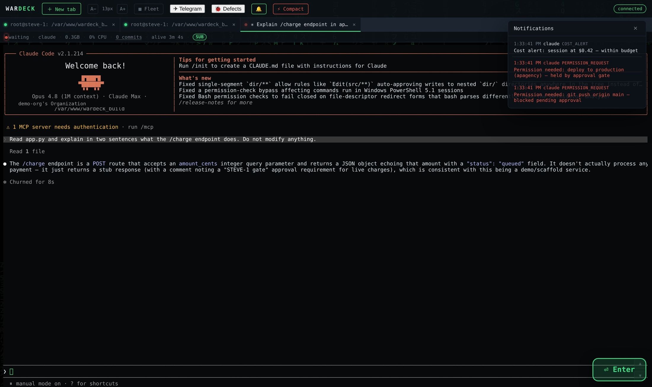 WarDeck approval prompt holding a risky deploy or push until a human signs off