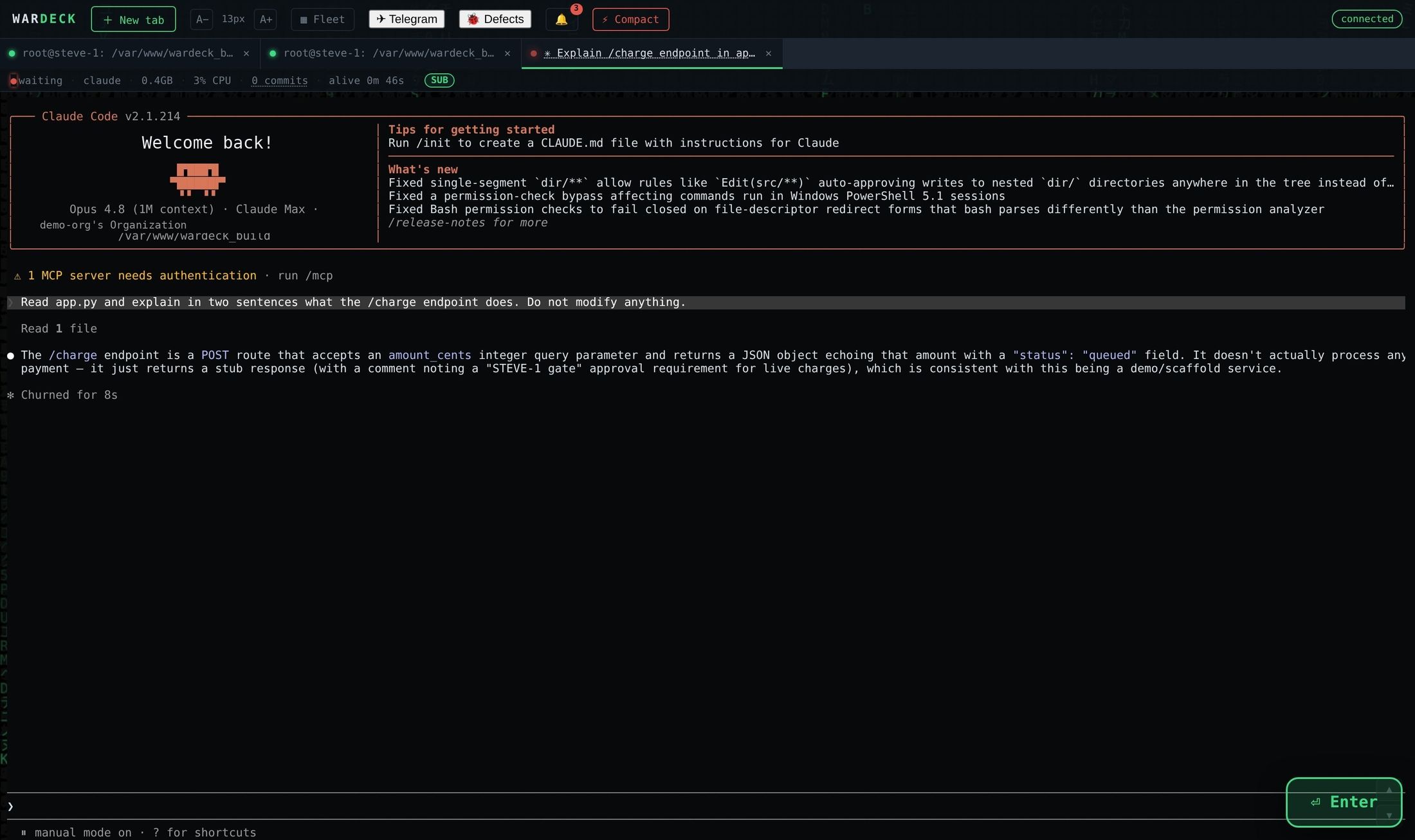 WarDeck live telemetry panel showing model, context, and cost per session