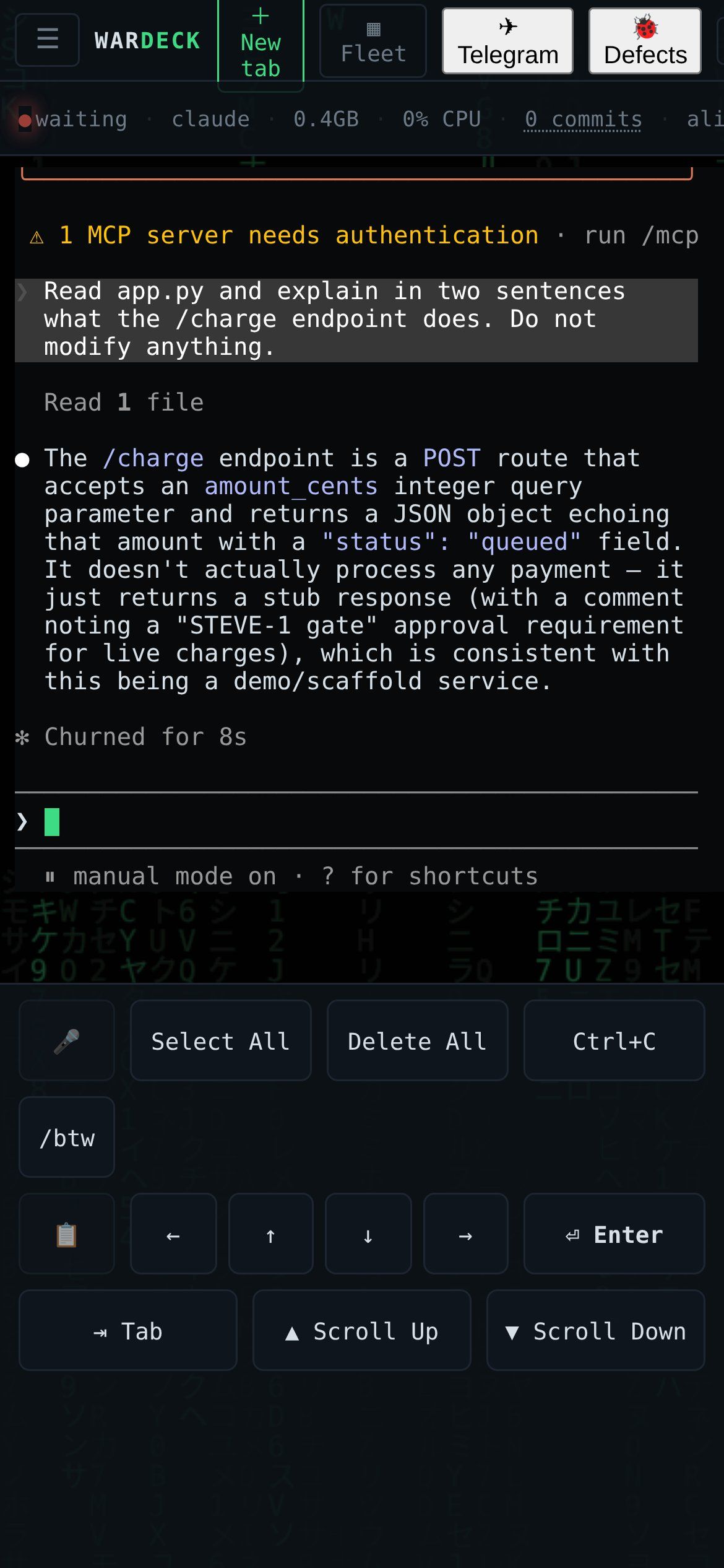 WarDeck mobile view for driving the pod from a phone